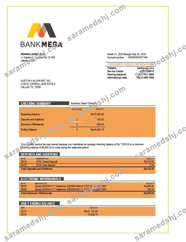 Bank Mega corporate checking account statement Word and PDF template